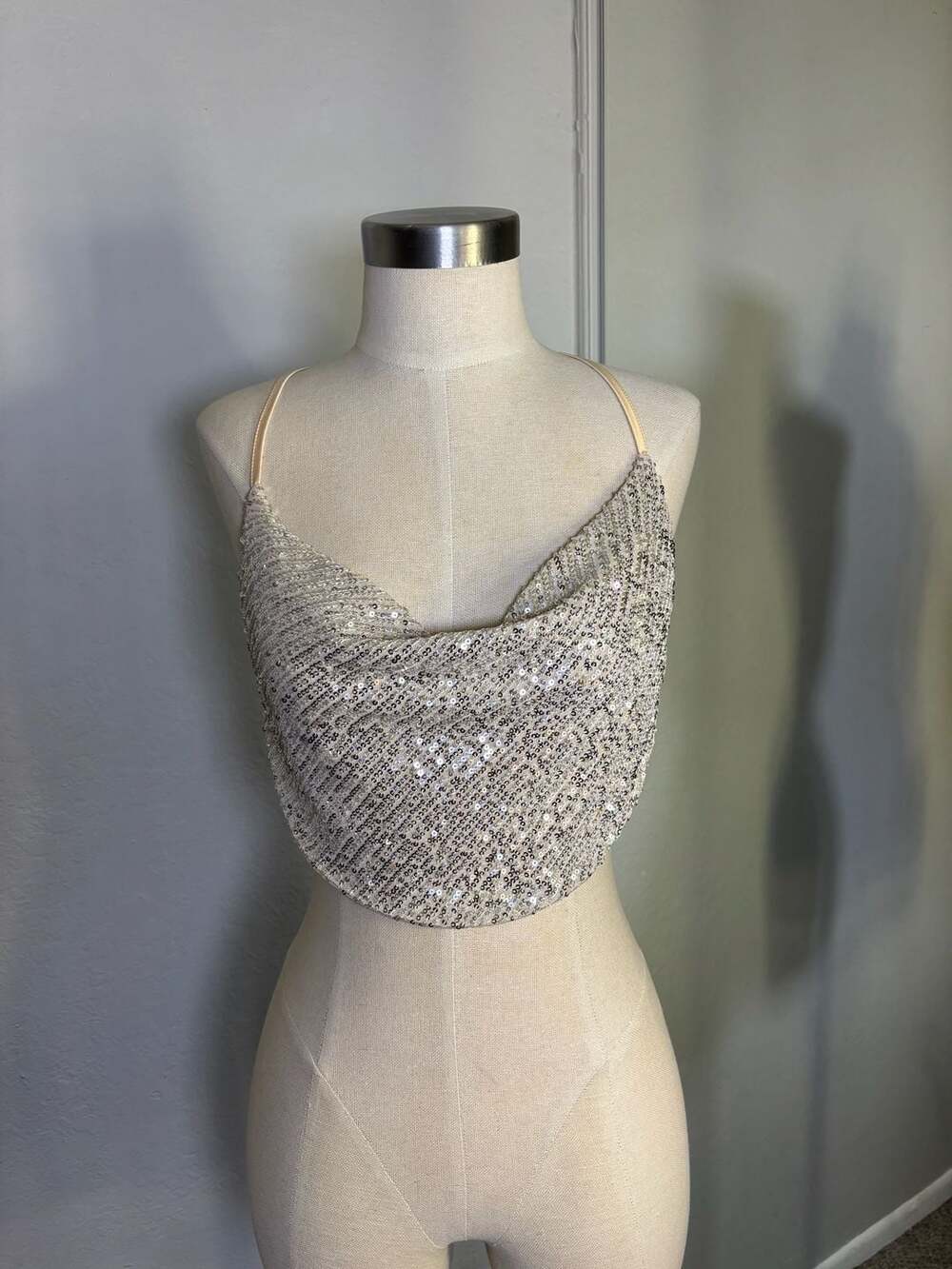 Cowl Neck Sequin Crop Top Silver Party Festival Halter